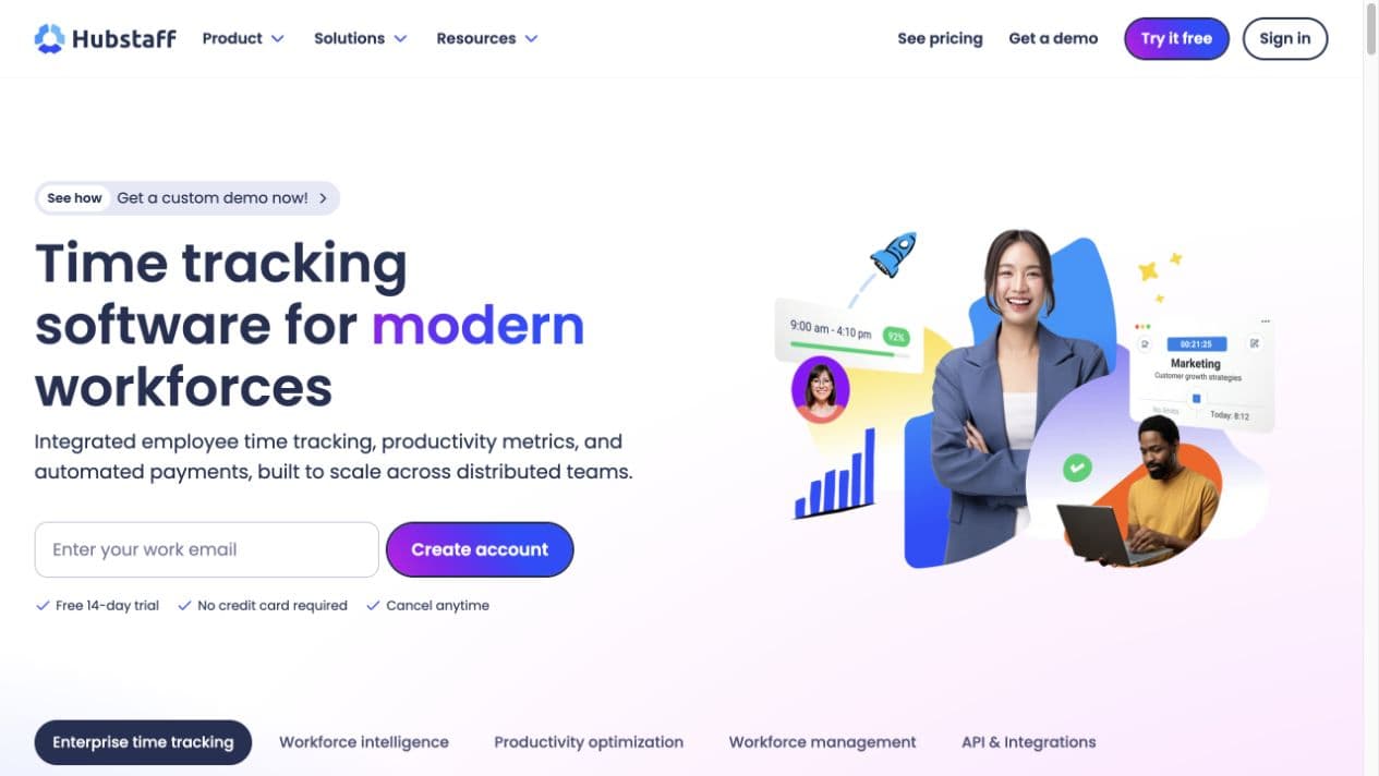 Hubstaff website showing its time-tracking product interface